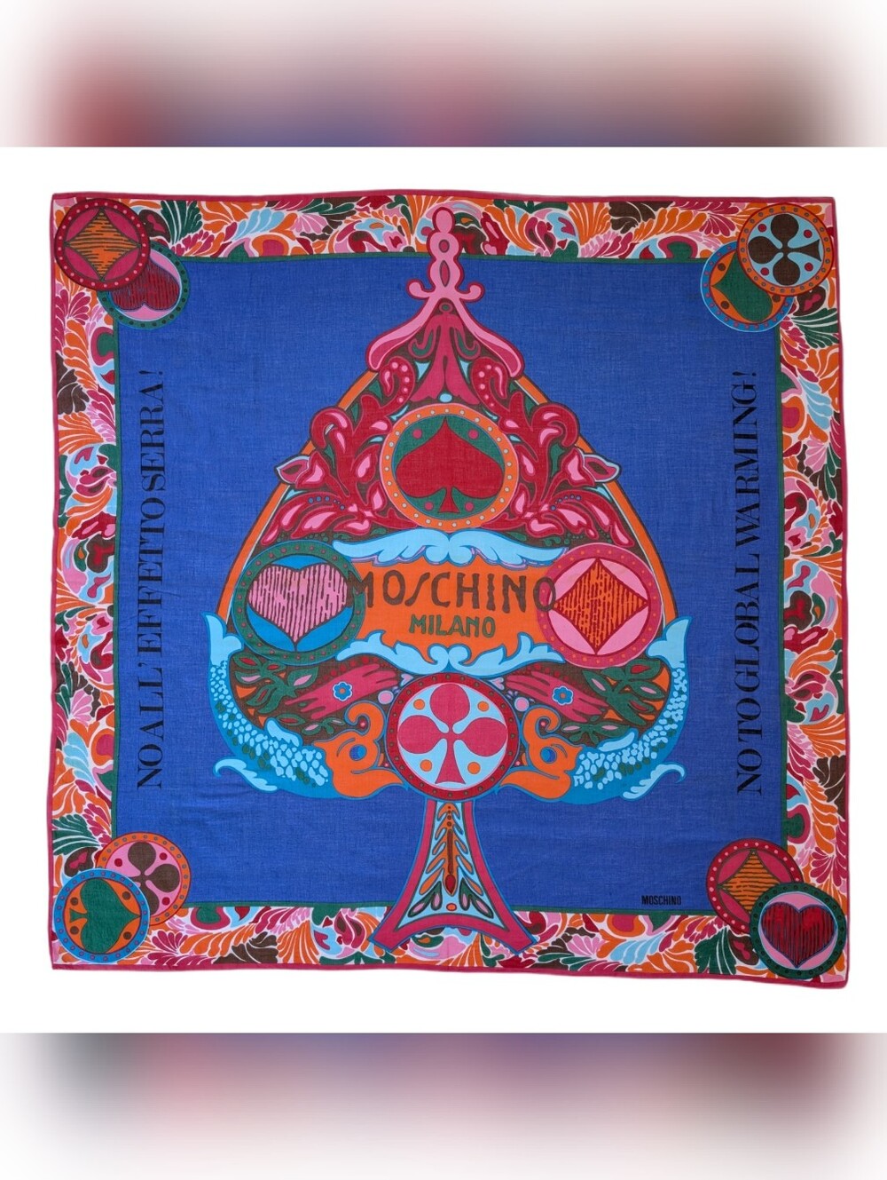 Moschino Blue "No To Global Warming" Large Cotton Scarf Vintage Excellent, 42 In